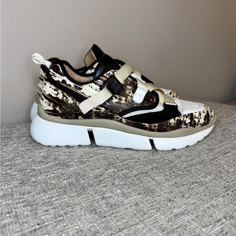 Chloe Brown, Black & White Patterned Knit Trainer Sneakers
